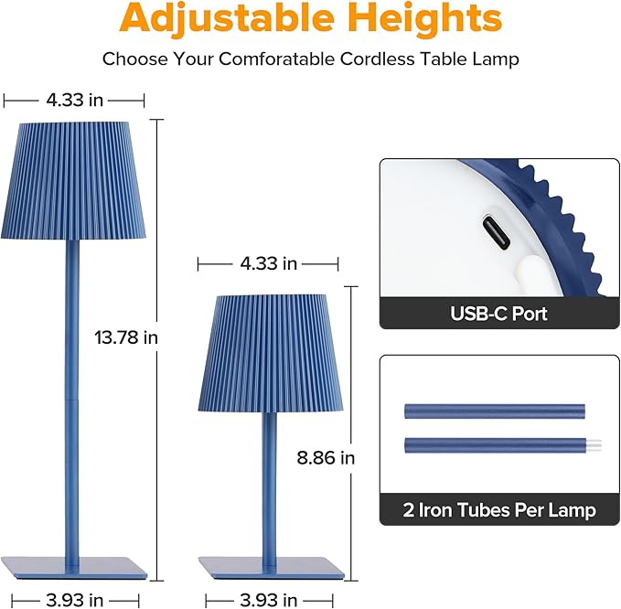 LUTEC 2 Pack Cordless Table Lamp,6000mAh Rechargeable Battery Operated Desk Lamp,Two Adjustable Heights,Waterproof, Touch Control & 3 Color Stepless Dimming for Restaurant/Bedroom/Bars/Outdoor (Blue)