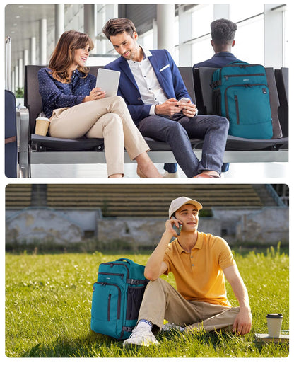 ECOHUB 17" Small Travel Backpack, United Airlines Personal Item Bag 17x10x9 with 16 Pockets, Water Resistant Rucksacks Fit 15.6" Laptop, AirTag Pocket, Lightweight Casual Daypack, 25L, Blue Green
