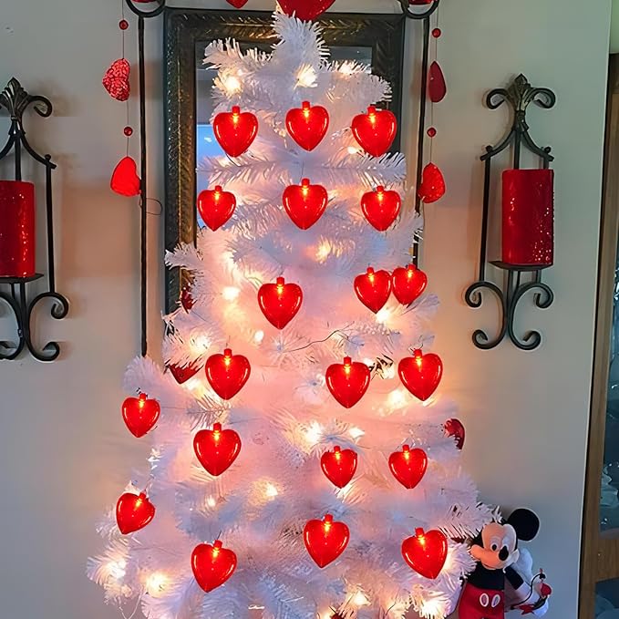Red Heart Lights, 8.5Ft Valentine's Day Lights with 10 Red Glitter Hearts, Plug-In String for Indoor Party Decor