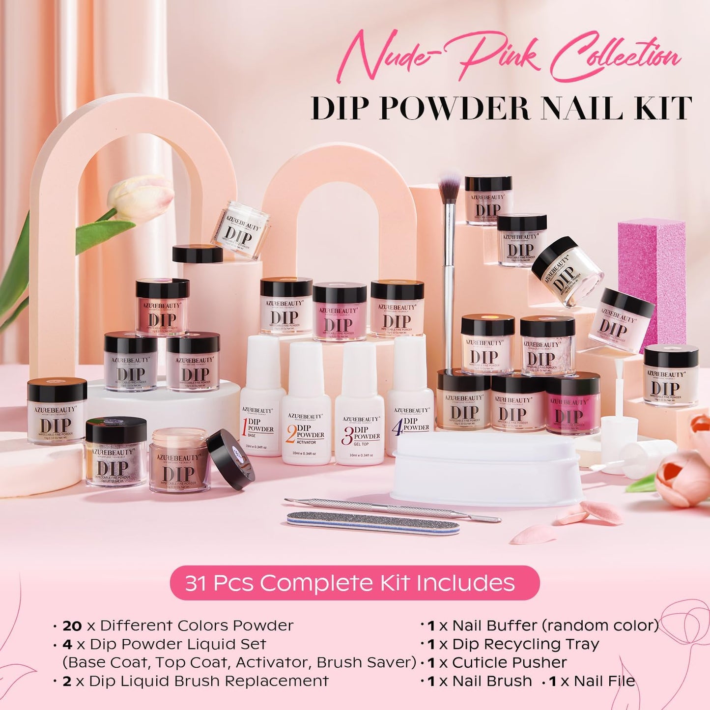 AZUREBEAUTY 31 Pcs Dip Powder Nail Kit 20 Colors Glitter Nude Brown Pink White Gray Dip Powder Liquid Set with Top/Base Coat Activator for French Nails Art Manicure DIY Salon Women Valentine's Gift