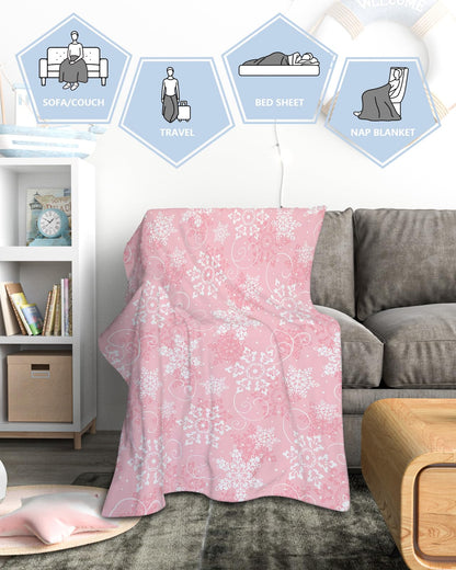 Christmas Throw Blankets, Pink White Snowflakes Pattern Soft Fleece Blanket Decorative for Home Sofa Couch Chair Living Bedroom,40x50 Inches, Winter