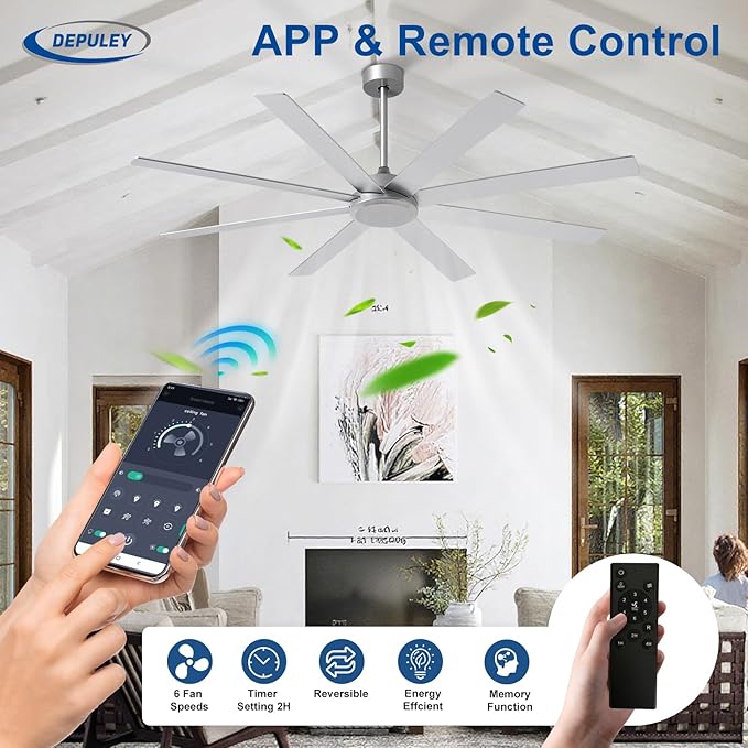 Depuley Large Ceiling Fan without Light: 66 Inch Indoor/Outdoor Fan Reversible DC Motor 6 Speed - Dual 8 Blades Big Ceiling Fans with No Light for Living Room Covered Patio, Silver