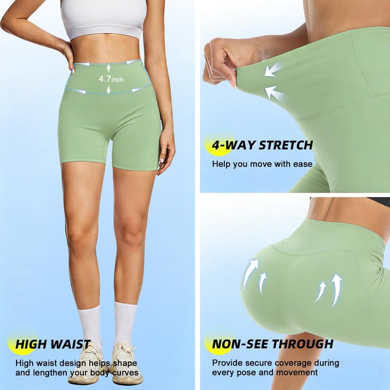 FULLSOFT High Waisted Biker Shorts for Women-5" Tummy Control Fitness Athletic Workout Running Yoga Gym Volleyball Swim Soft Hot Shorts Birthday (Light Green,Large-X-Large)
