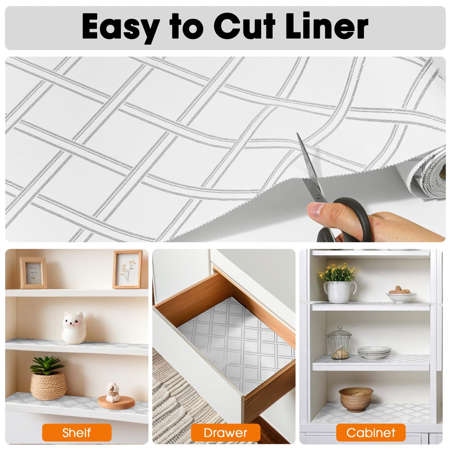 Drawer and Shelf Liner for Kitchen Cabinets Non-Adhesive Cabinet Liners for Shelves Strong Grip Non Slip Waterproof Cupboard Liner for Dresser Refrigerator, Bathroom,Silver Geometric,17.5IN X 10FT