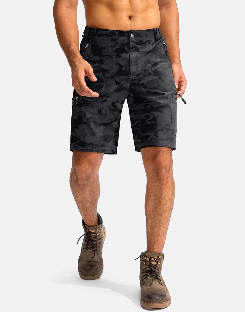 Pudolla Men's Hiking Cargo Shorts 9" Lightweight Outdoor Work Shorts for Men Travel Golf Camping Casual with 5 Zipper Pockets(Black Camo Small)