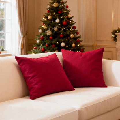 Encasa XO Christmas Throw Pillow Covers 20x20 in Set of 2 Deep Red | No Inserts | Cotton Pillow Covers for Living Room, Bed, Sofa, Couch | Decorative Cushion Covers with Improved Zippers