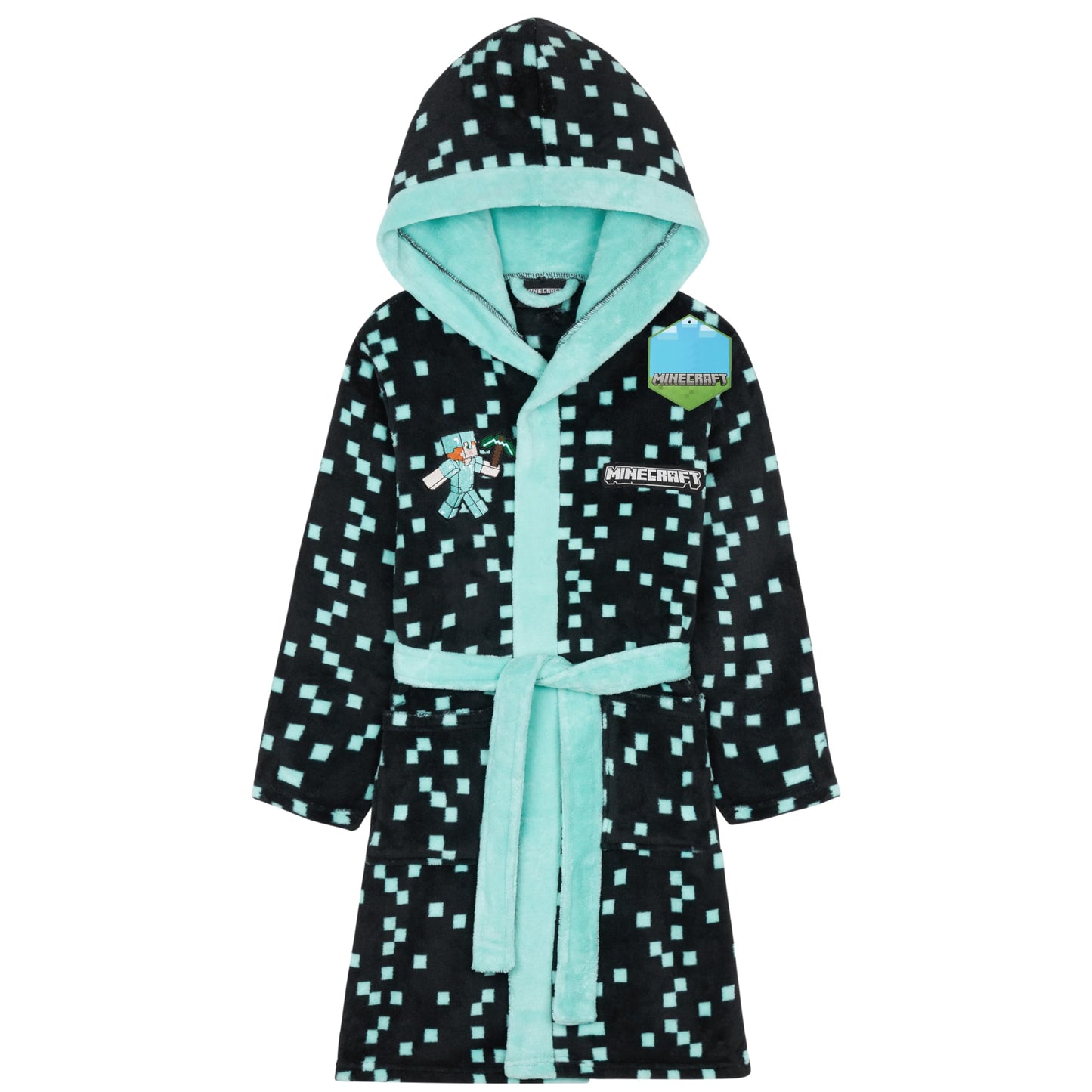 Minecraft Dressing Gown for Boys Fleece Hooded Bathrobe with Pockets Creeper Loungewear Nightwear Teens Gamer Gifts for Boys (9-10 Years, Teal)