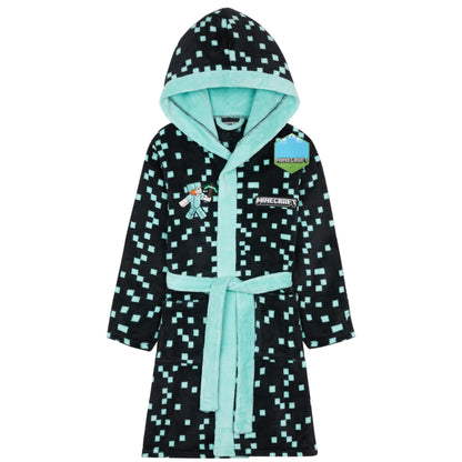 Minecraft Dressing Gown for Boys Fleece Hooded Bathrobe with Pockets Creeper Loungewear Nightwear Teens Gamer Gifts for Boys (9-10 Years, Teal)