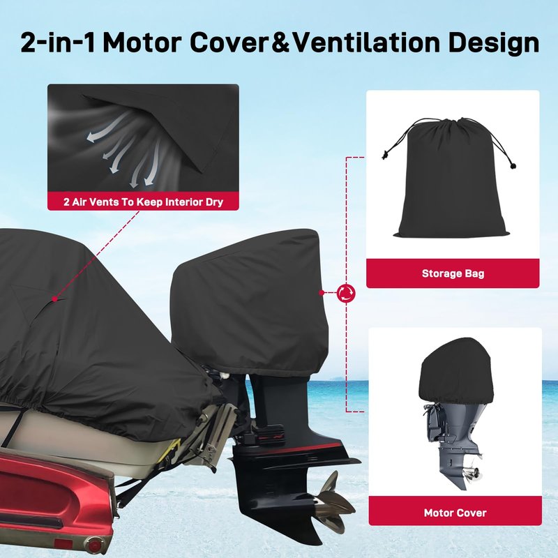 Mionovity Bass Boat Cover 16-18.5ft, 600D Heavy Duty Waterproof Boat Cover 16 17 18.5 Foot (16'-18.5' with Motor Cover), Fits V-Hull, Fishing, Runabout Bowrider Boat