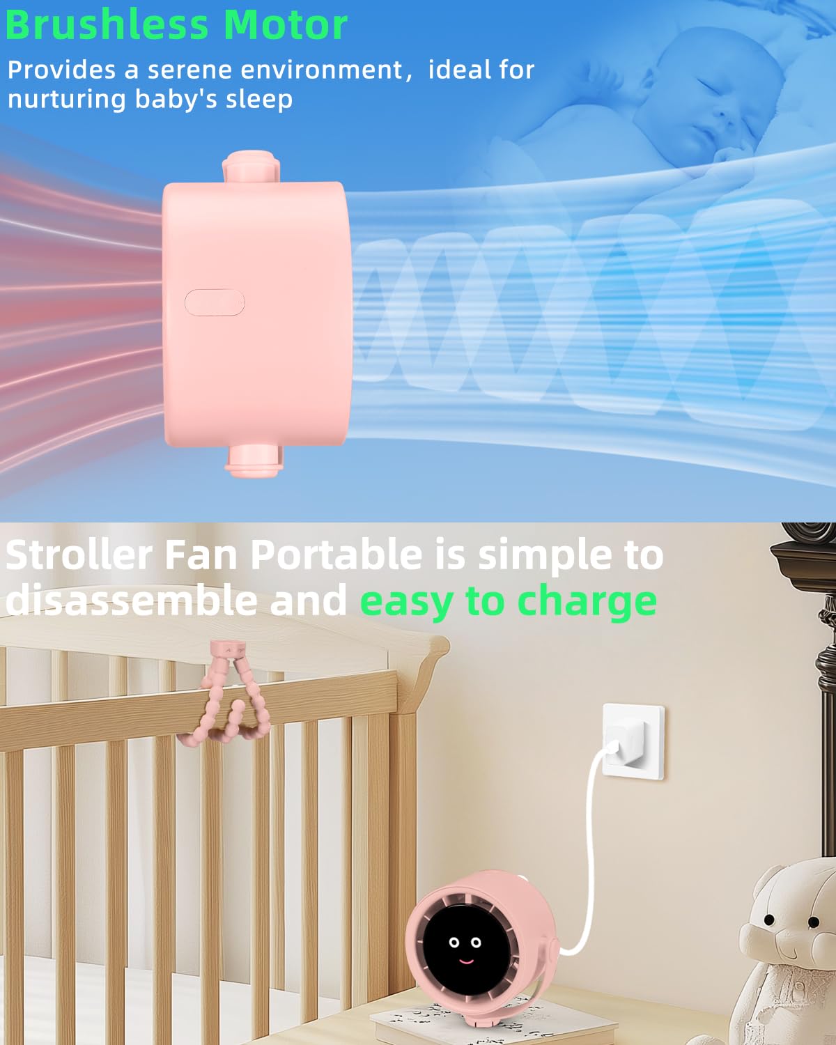 Akejrym Stroller Fan Portable, Personal Fan for Travel, Air Turbo Tech & Digital display, Detachable 5 Speeds Rechargeable 360° Rotate Flexible Tripod, For Home Office Stroller (Pink)