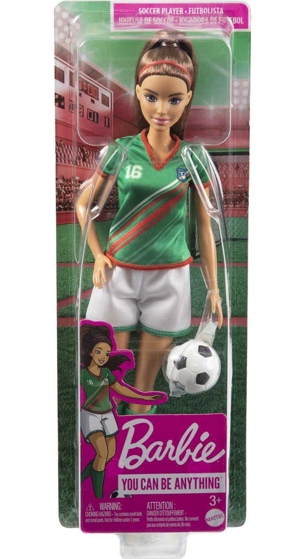 Barbie Careers Fashion Doll & Accessory, Soccer Player with Brunette Ponytail, #16 Uniform, Tall Socks, Cleats & Ball