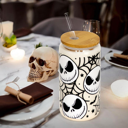 Joyseller Halloween Iced Coffee Can Glass, 18oz Nightmare Halloween Cup with Lid and Straw, Spooky Season Glass Tumbler for Fall Gifts