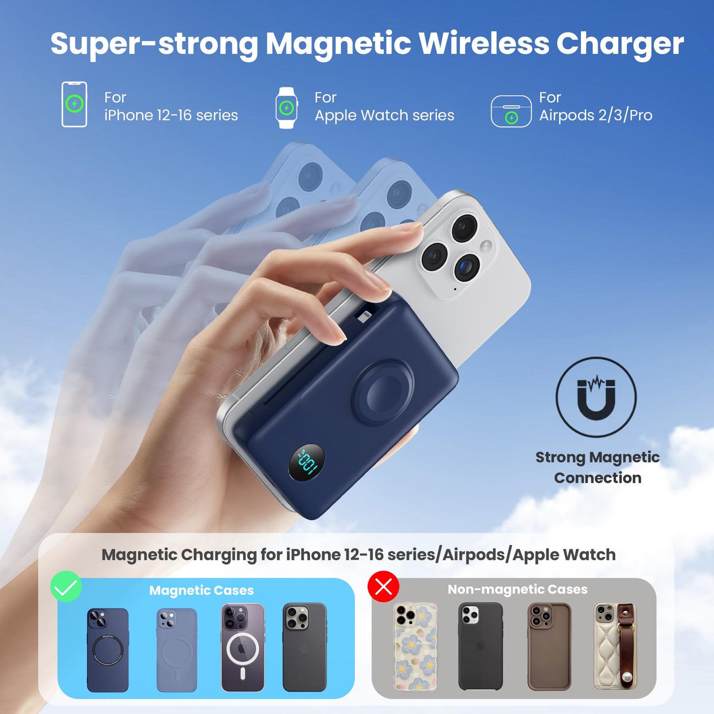 Magnetic Portable Charger 10800mAh for iPhone with Built-in Cables, 6-in-1 Wireless Power Bank with iWatch Charger, LCD Display 25W PD Fast Charging Battery Pack for iPhone 16/15/14/13/12, Apple Watch