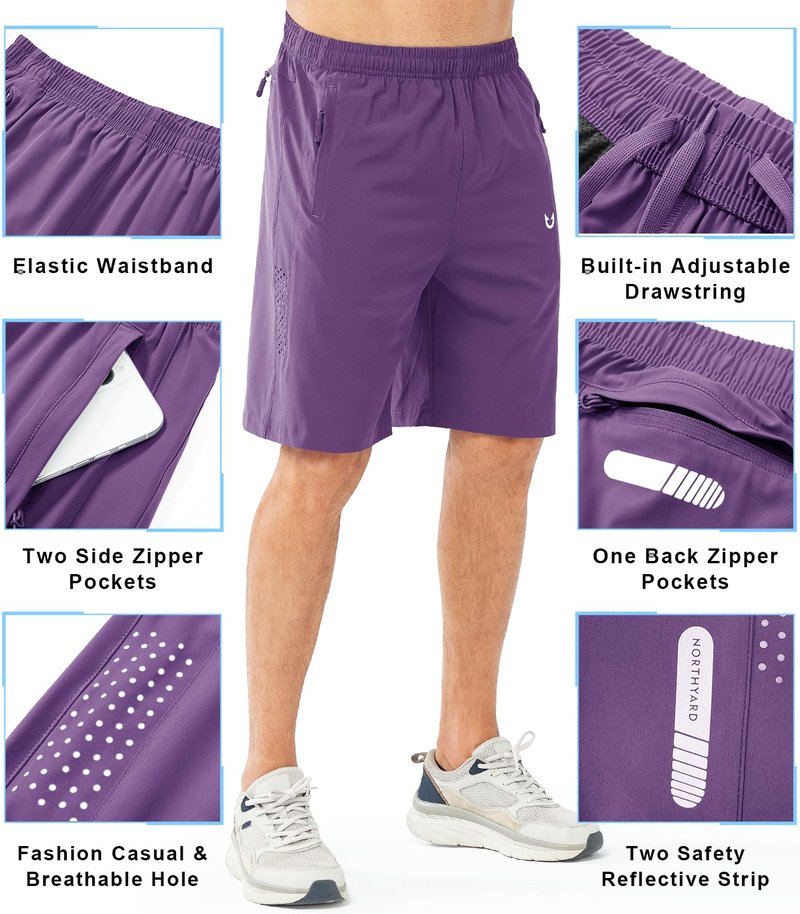 NORTHYARD Men's Athletic Running Shorts Gym Workout 7"/9"/5" Quick Dry Lightweight Sports Basketball Tennis 3 Zipper Pockets PURPLE-9inch S