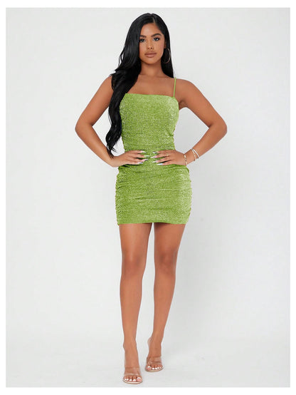 Floerns Women's Glitter Sleeveless Ruched Party Clubwear Bodycon Mini Dress Light Green Small