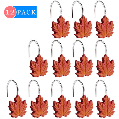 Maple Leaf Decorative Shower Curtain Hooks Rings for Fall Autumn Bathroom, Metal Shower Curtain Hooks for Halloween Thanksgiving Theme Bathroom Decoration (Red Maple Leaf)