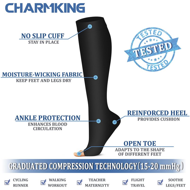 CHARMKING 3 Pairs Open Toe Compression Socks for Women & Men Circulation 15-20 mmHg is Best for All Day Wear Running Nurse (01 Balck/Black/Black, L/XL)