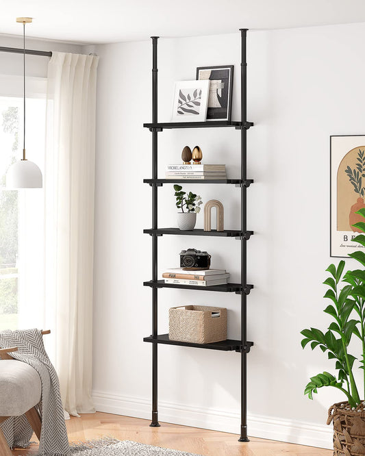 ALLZONE Adjustable Tall Narrow Bookshelf, 5-Tier Floor-to-Ceiling Tension Mount Ladder Book Shelf with Storage for Versatile Uses, Fits 92-116 Inch Ceilings, 27.84-Inch Wide Wood Shelves, Black Relief