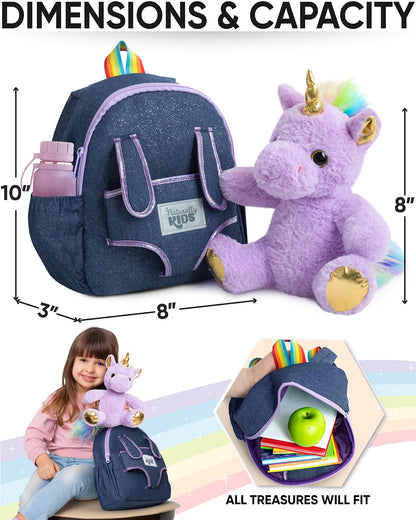 Naturally KIDS Small Unicorn Backpack - 3-4 Year Old Girl Gifts - Toddler Backpack for Girl Boy w Stuffed Animal - Toys for 3 Year Old Girls - w Pockets & Reflective Logo - Backpack w Purple Unicorn