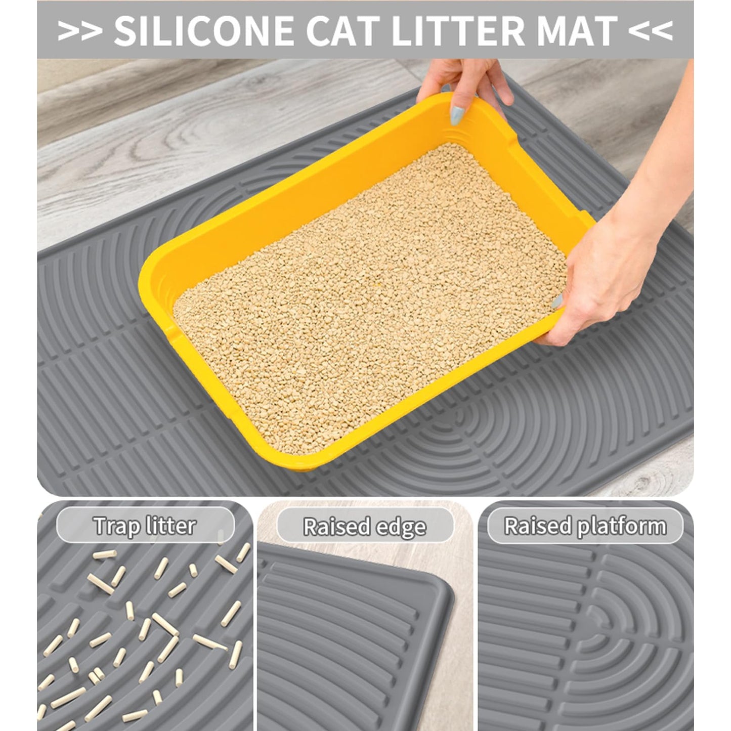LZEXIN Cat Litter Mat, Extra Large Silicone Mat Litter Trapping Mat, Litter Box Mat Scatter Control for Floor Clean, Waterproof & Non-Slip Cat Supply & Accessory, Soft on Kitty Paws(Black, 40"x28")