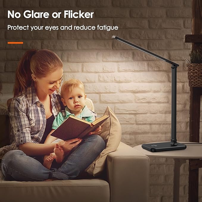LED Desk Lamp, Eye-Caring Table Lamp with 3 Brightness Levels, Touch Control and Memory Function, Foldable Reading Lamp for Home Office Bedroom Study, 8W, 4000K, Black