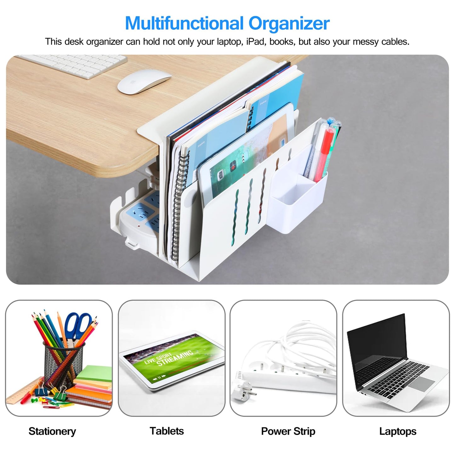 MAXECHO Desk Side Storage, Under Desk Laptop Mount, Table Side Hanging File Organizer, No Drill Clamp On Cable Management Tray, Laptop Holder with Magnetic Pen Holder for Office and Home, Load 22 Lbs