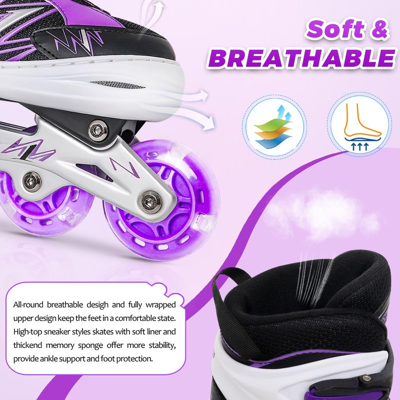 LEJIJIT Adjustable Kids Inline Skates for Girls Boys Children Beginners, Black & Purple Inline Skates with Light Up Wheels for Kids and Youth for Indoor Outdoor Sports (Medium)