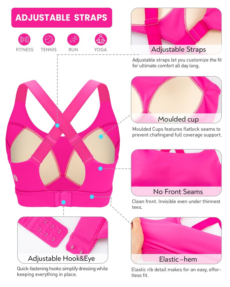 RUNNING GIRL Sports Bras for Women High Support, Adjustable Straps Hook Back Sports Bras for Women with Sewn in Pads_WX3125_Hot Pink_L
