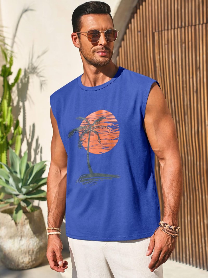 Runcati Mens Sleeveless Tank Tops Workout Gym Muscle Shirts Palm Tree Vintage Hawaiian Summer Beach T Shirts Blue