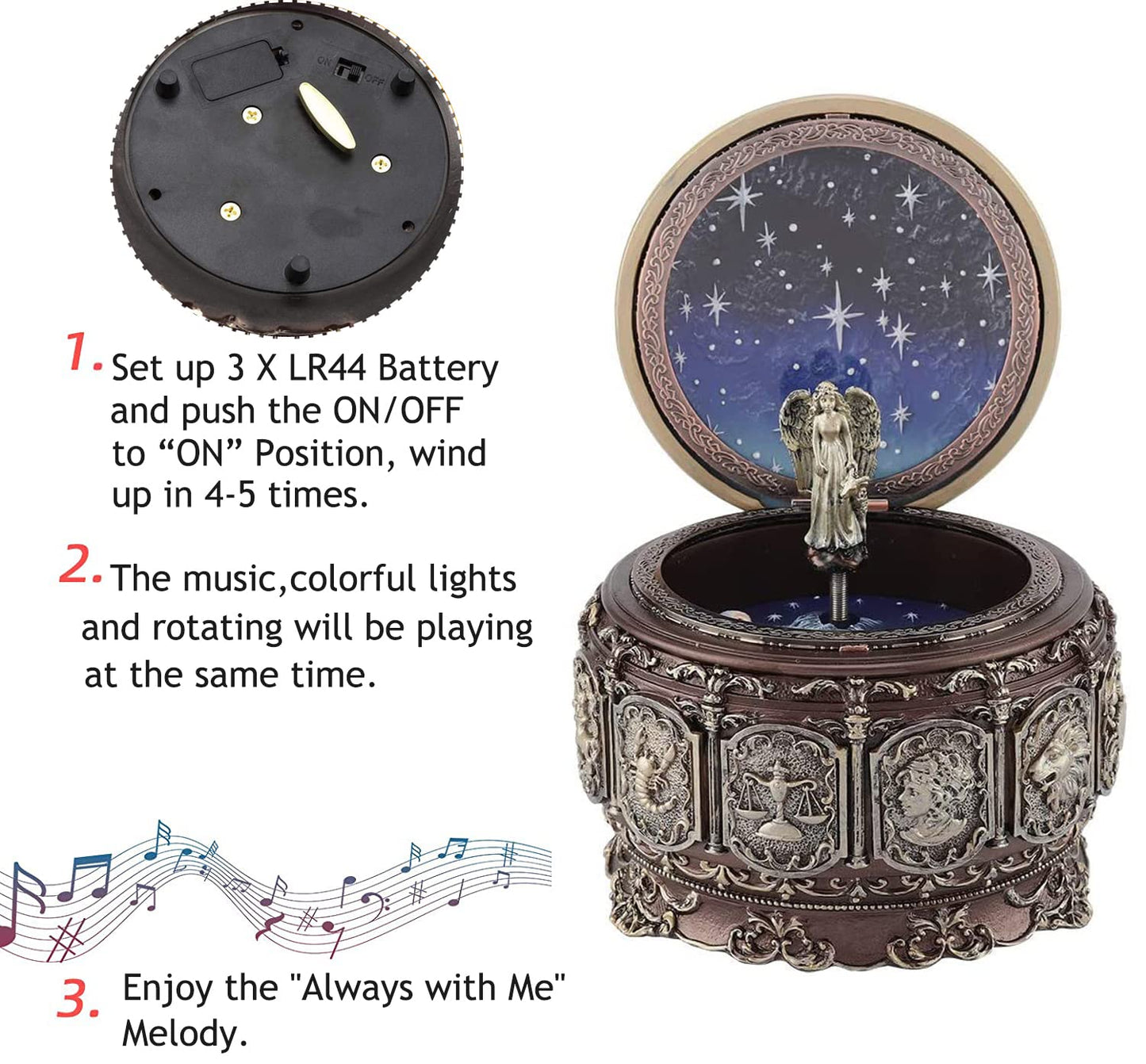 DELIWAY Vintage Music Box Constellation Style Plays Always with Me Tune, Goddess Rotating Musical Box Sankyo 18-Note Wind Up Hand-Painted Collectible Zodiac Gift for Christmas Birthday