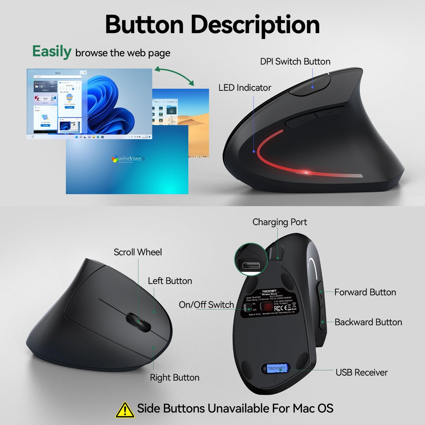 TECKNET Ergonomic Mouse, Rechargeable Vertical Ergo Mouse Wireless 800-4800 Levels 5 Adjustable DPI, Silent 2.4GHz Optical Carpal Tunnel Mouse for Right Hand, USB Wireless Mice for Laptop, PC