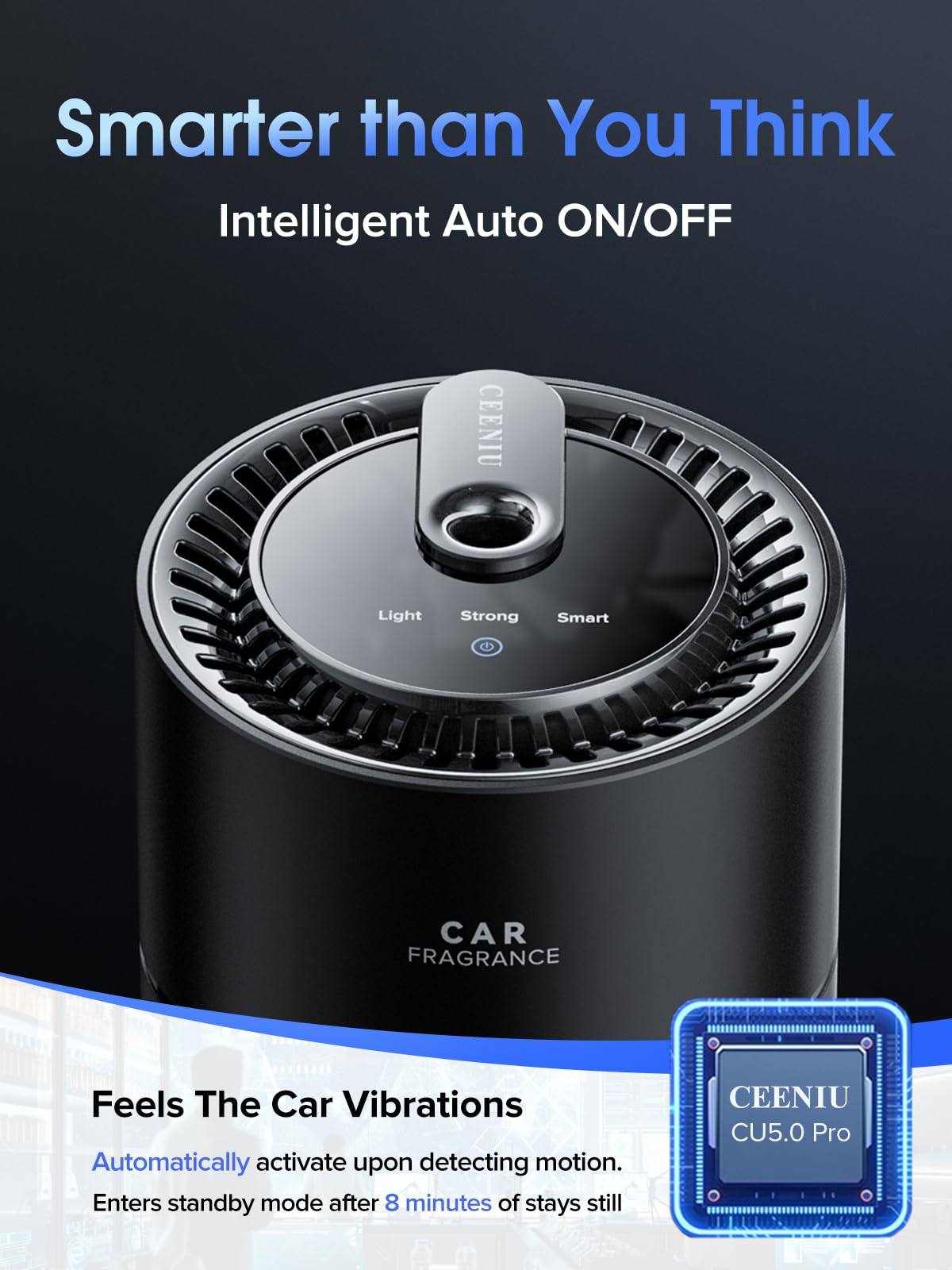 Ceeniu Smart Car Air Fresheners, New Smell Experience By Ultrasonic mist, Auto On/Off, Powerful Built-in Battery, Natural Fragrance, Adjustable Car freshener, Cologne Scent