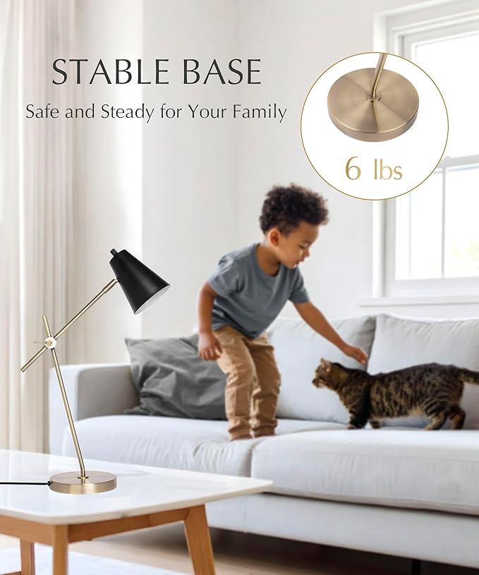 HarvestLand HaloBar Reading Lamp – Black and Brass Desk Lamp, for Home Office, Industrial Table lamp with Solid Base for Study and Reading, Bedside Table and Architect Desk Lamp