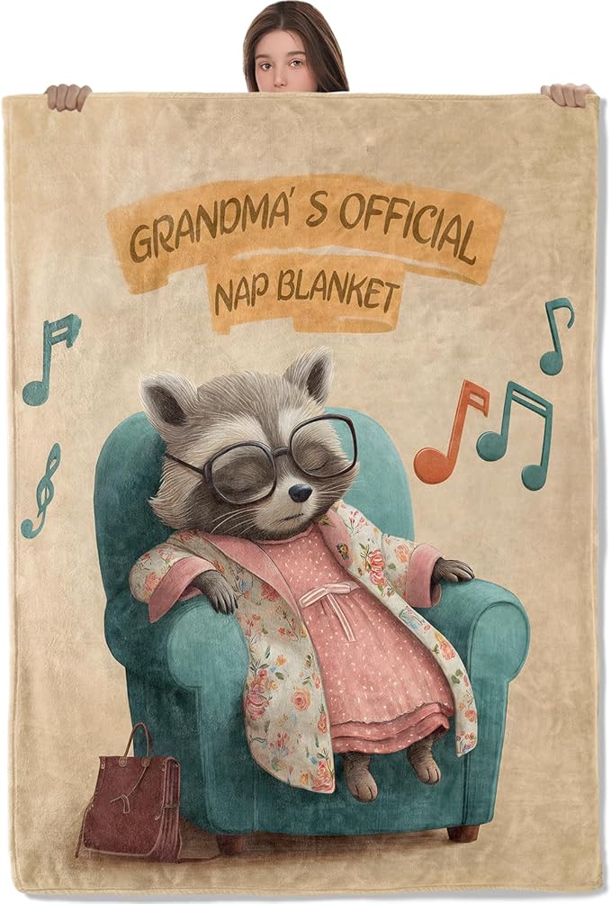 Cute Raccoon Lightweight Throw Blanket, Retro Cartoon Nap Animal with Music Note, Warm Soft Cozy Flannel Blankets, Couch Dorm Home Decor All Season Use, 60x50in, Beige, Gifts for Grandma