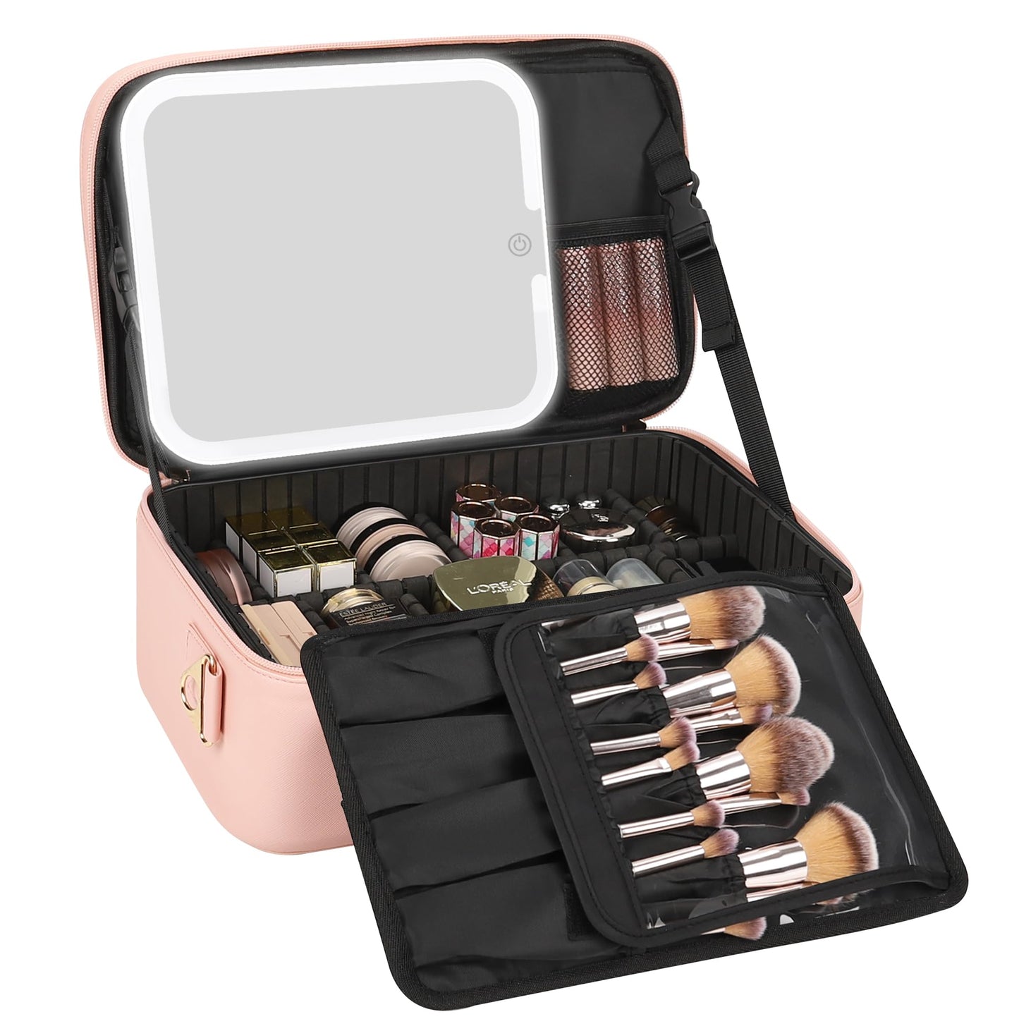Relavel Travel Makeup Bag With LED Mirror, Cosmetic Train Case with Light up Mirror, Portable Makeup Artist Organizer Bag with Adjustable Dividers, Makeup Brush Holder Storage, Black