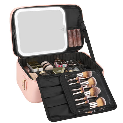Relavel Travel Makeup Bag With LED Mirror, Cosmetic Train Case with Light up Mirror, Portable Makeup Artist Organizer Bag with Adjustable Dividers, Makeup Brush Holder Storage, Black