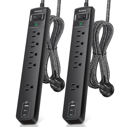 2 Pack Power Strip Surge Protector - 5 Widely Spaced Outlets 3 USB Charging Ports, 1875W/15A 6Ft Braided Extension Cord, Flat Plug Overload Protection, Wall Mount for Home Office Dorm Room Essentials