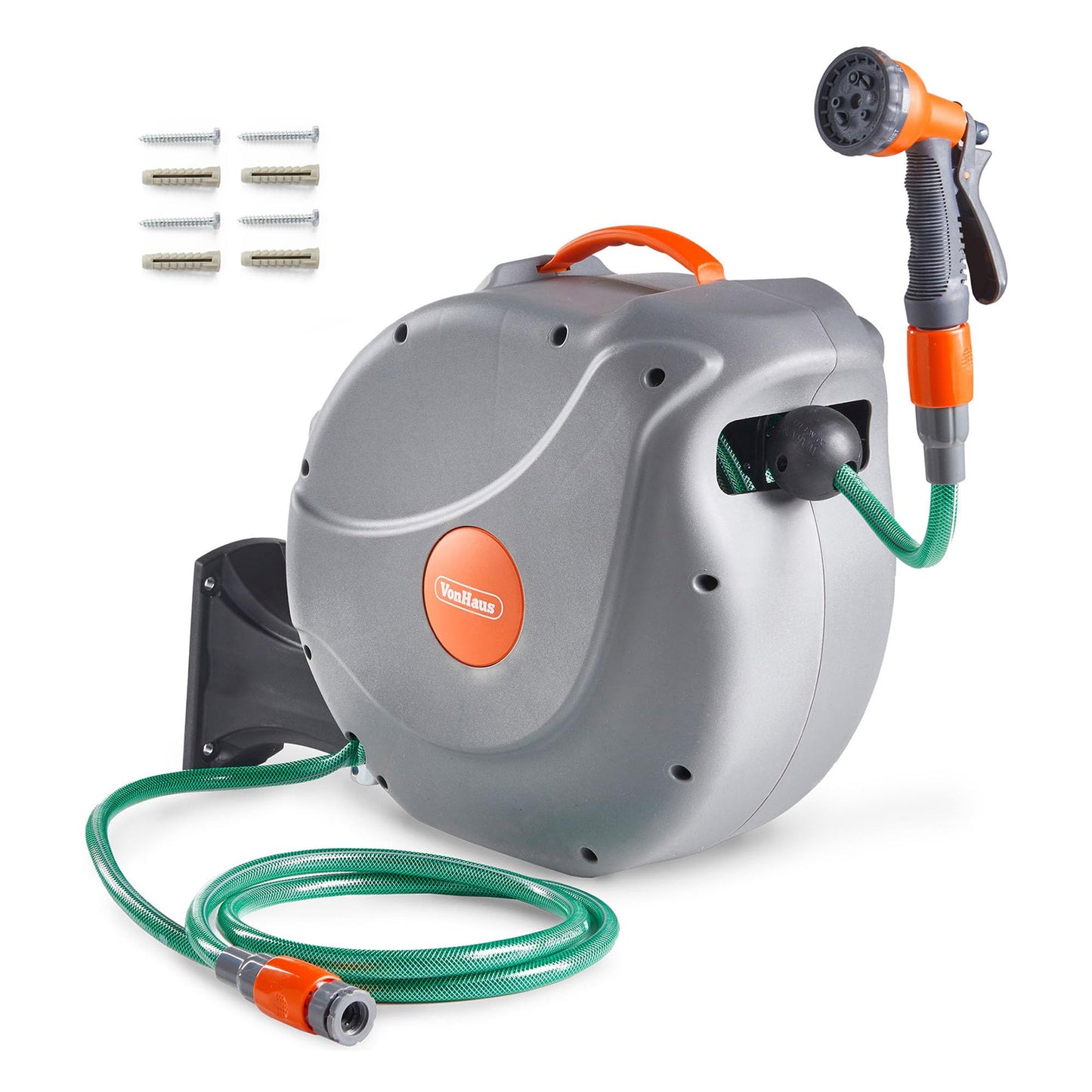 VonHaus Hose Reel 20m – Wall Mounted Hose Reel for Garden, Retractable, Auto Lock and Auto Rewind, Includes Wall Fixings and 8 Function Spray Gun, 180° Pivot Swivelling, Long Reach, Outdoor Watering
