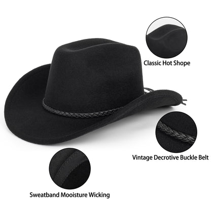 Retro Western Cowboy Hat for Men Women, Wide Brim Felt Cowgirl Fedora Hats with Braided Rope Band M