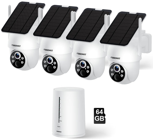 FOSSENXE Solar Security Cameras Wireless Outdoor, WiFi, 2K, 360° Coverage, Color Night Vision, Human Detection, 64GB Local Storage, No Monthly Fees, Easy Setup, IP66 Weatherproof, 4-Camera System