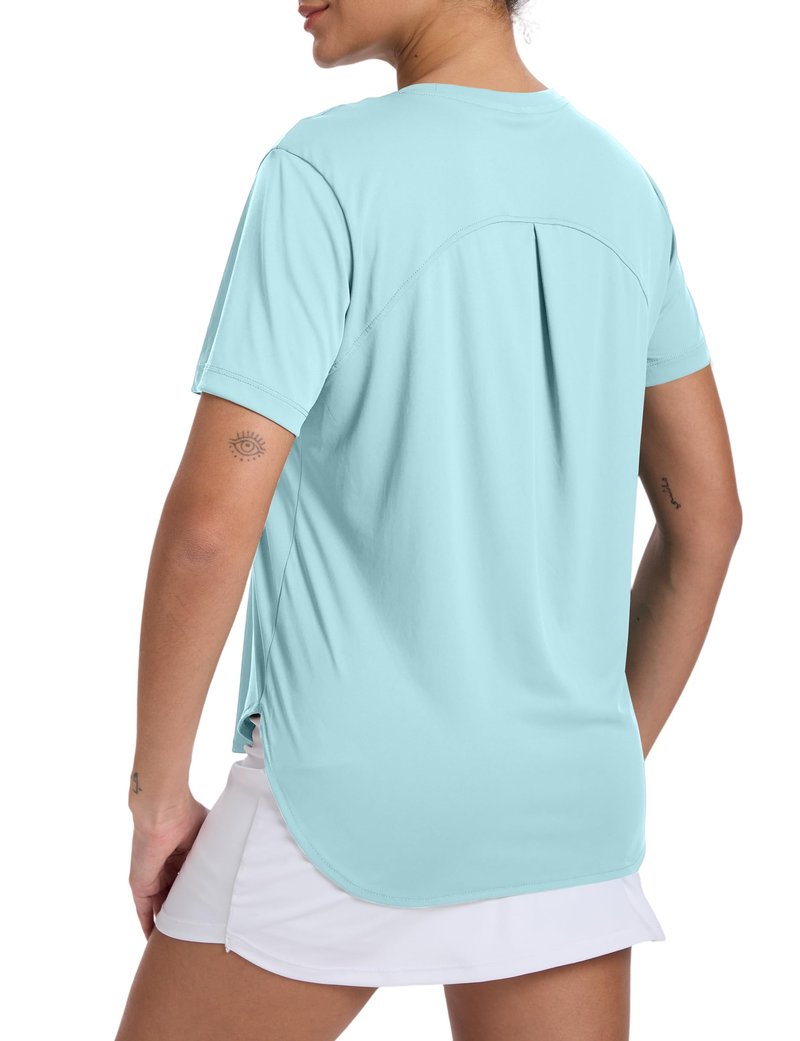 CHALLMOTI Women's Short Sleeve Workout Tops Athletic Shirts Sun Protection Shirts Quick Dry for Gym Tennis Running UPF 50+ Cyan L