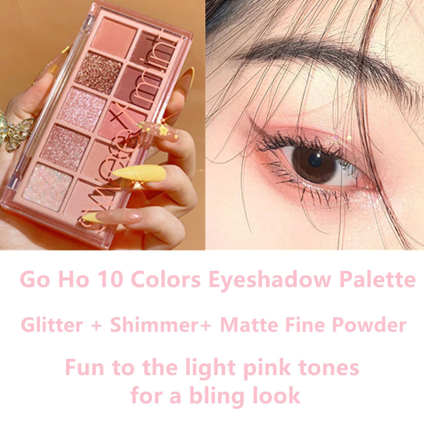 Go Ho 10 Colors Eyeshadow Palette,Matte&Glitter&Shimmer Eyeshadow Makeup,Pink Powder Light Pink Eye Shadow Shades,Naturing-Looking,Waterproof Eye Shadow Palette Makeup,03
