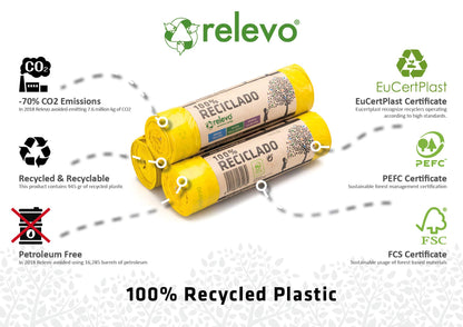 Relevo 30 Litre Bin Bags – Made from 100% Recycled Material. Yellow Bin Bags 30L – 55 cm x 60 cm. Includes 45 units of Pedal Bin Liners with Drawstrings.