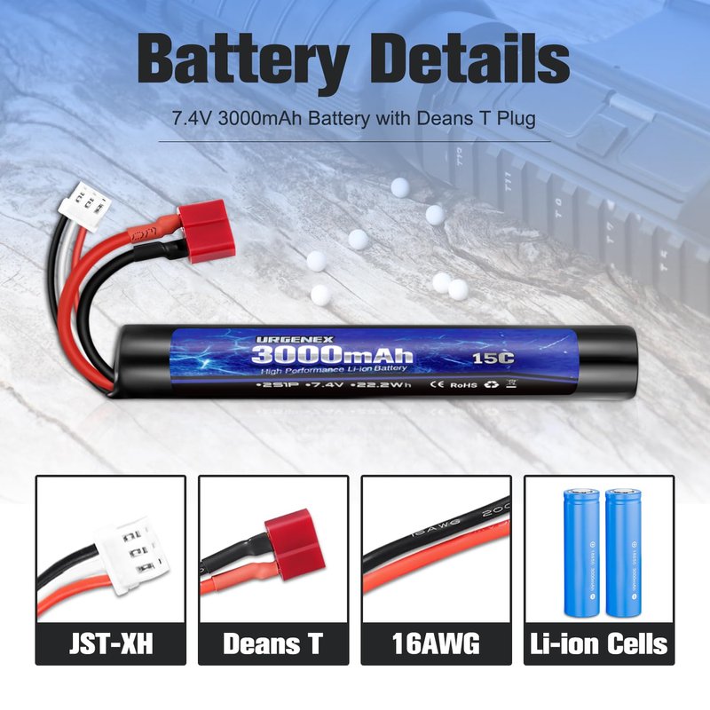 URGENEX 3000mAh Airsoft Battery 7.4V Stick Battery with Dean-Style T Plug 2S Rechargeable Stick Shape RC Lithium-ion Fit for Most Airsoft Model Guns Rifles