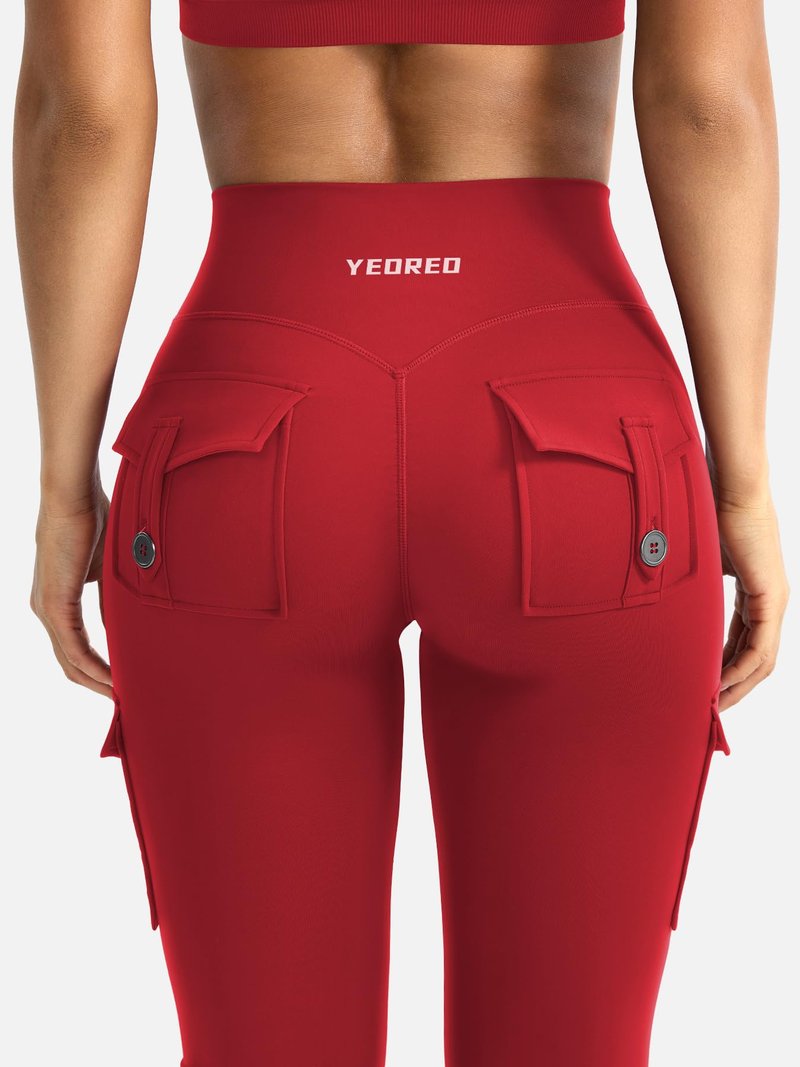 YEOREO CoreFlex Women Workout Flare Leggings with Pockets Scrunch Cargo Gym Yoga Leggings 28" Inseam Red XL