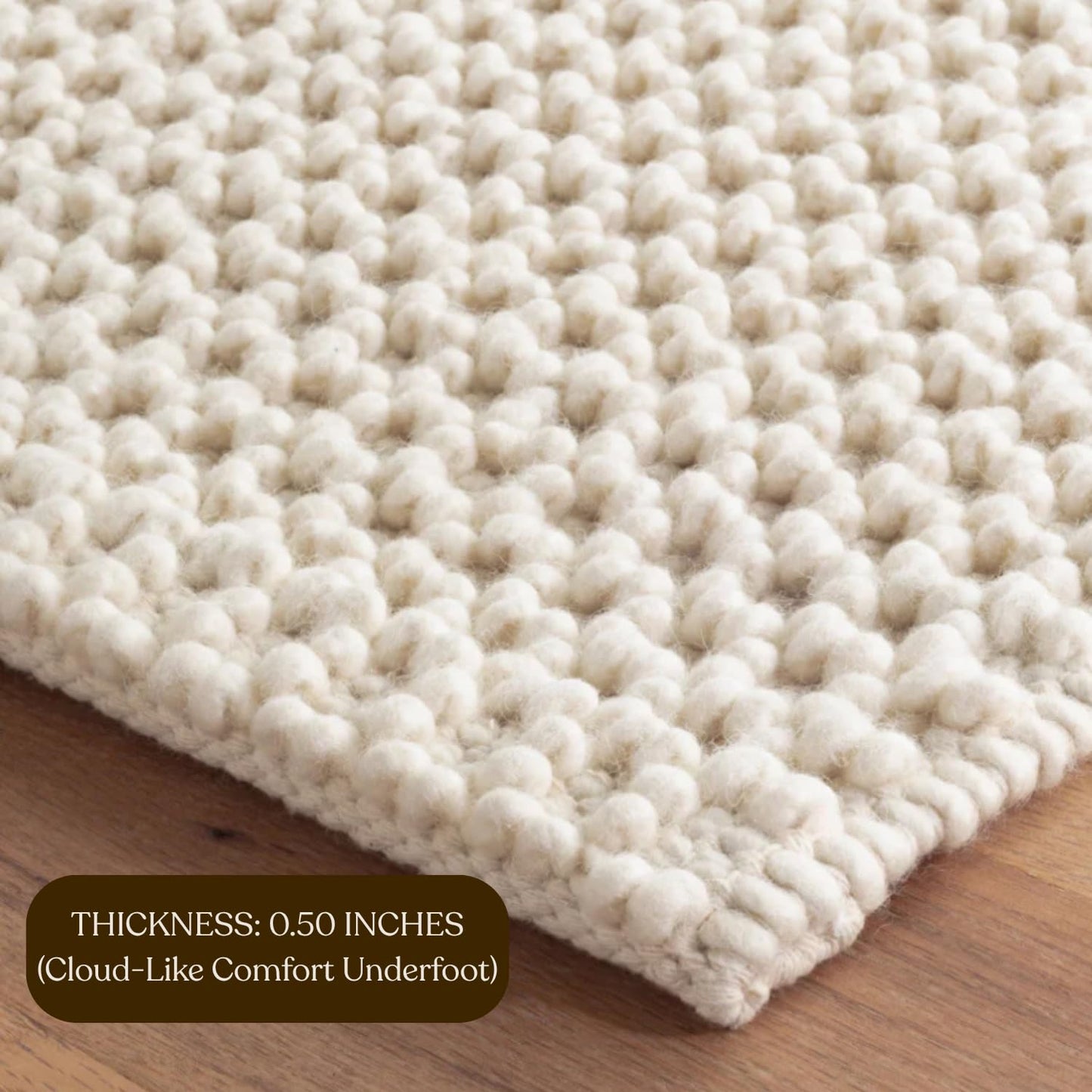 The Knitted Co. Handwoven Wool Area Rug - Hand Woven Natural Carpet Rugs- Bedroom Living Room Dining Room (Ivory- 6'x9')