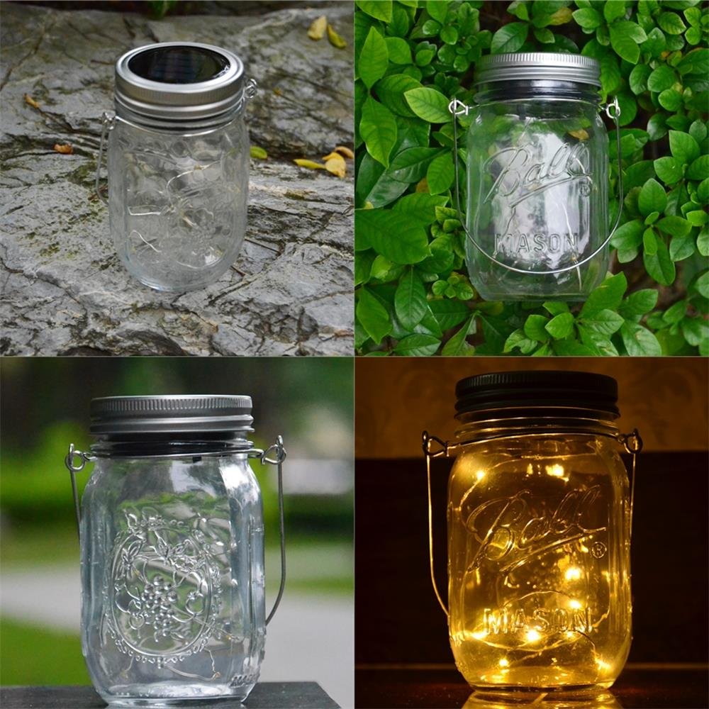 CHBKT 4-Pack Solar-powered Mason Jar Lights (Mason Jar / Handle Included),20 Bulbs Jar Hanging Light,Garden Outdoor Solar / Hanging Lantern,Decor Solar Light,Table Light,Patio Path Light,Warm White