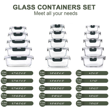 KOMUEE 30 Pieces Glass Food Storage Containers Set, Glass Meal Prep Containers Set with Snap Locking Lids, Airtight lunch Containers for Microwave, Oven, Freezer & Dishwasher,Gray