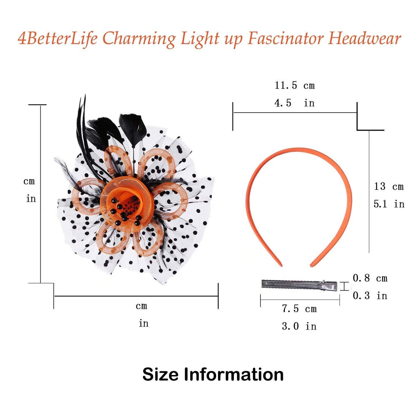 AGITATESAND Orange and Black LED Light up Fascinator Headwear Feather Mesh Tea Party Headband Halloween Fascinator Hats for Women Lighting Hairbands