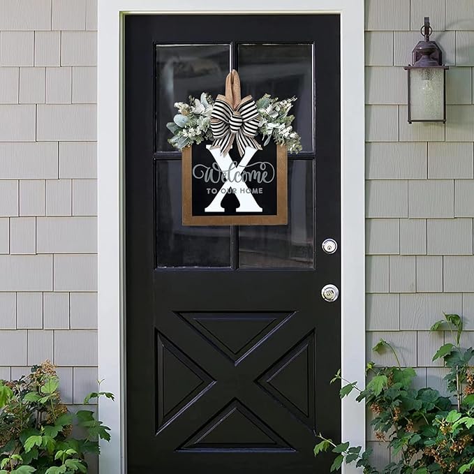 16 inch Last Name Welcome Wreath for Front Door - Spring, Summer, Autumn, Winter Decor - Eucalyptus and Bow Wreath for Porch, Wall, Window (X)